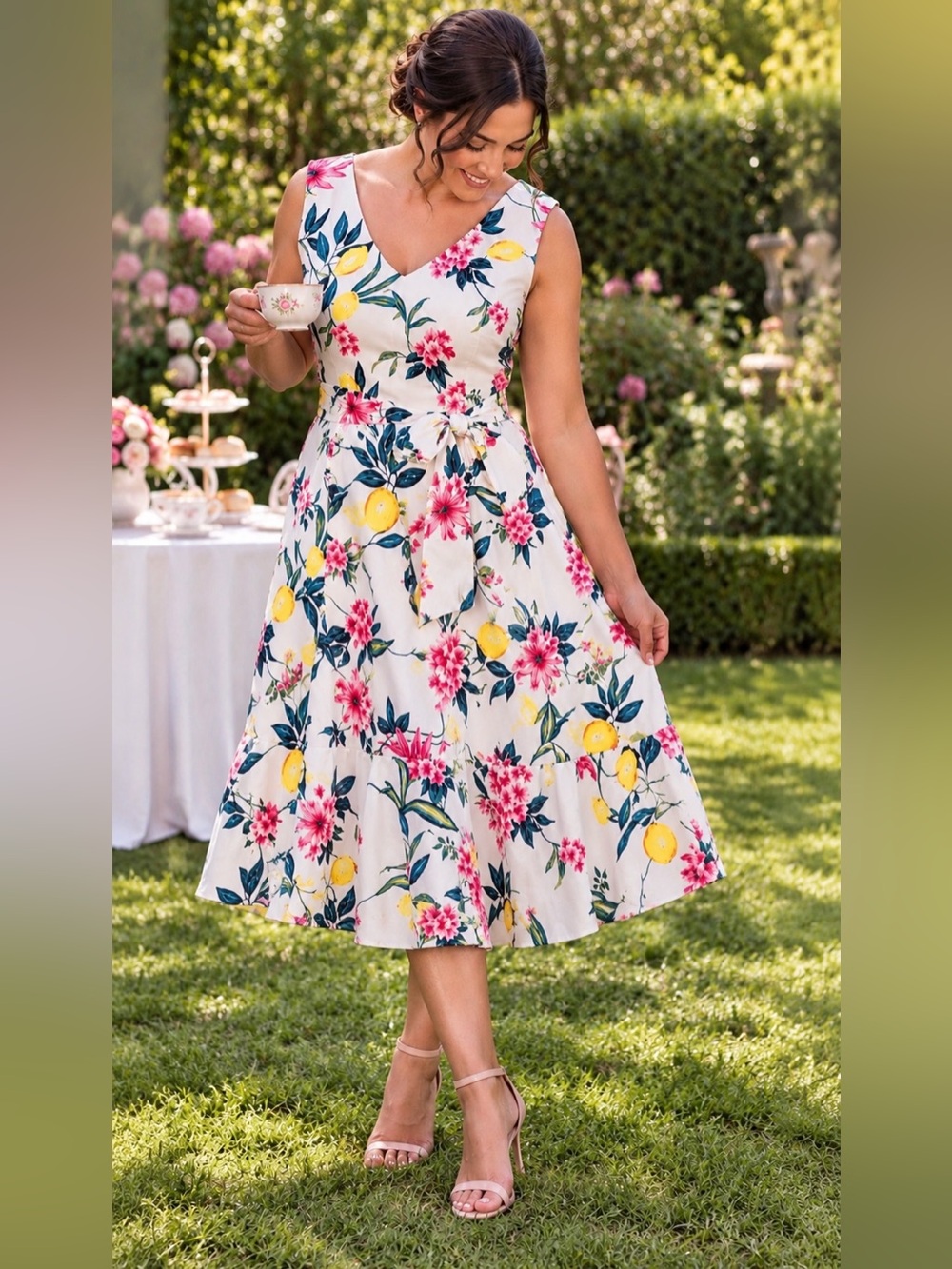 NWOT - Talbots White Floral Lemon V-Neck Tie-Waist Mini Dress